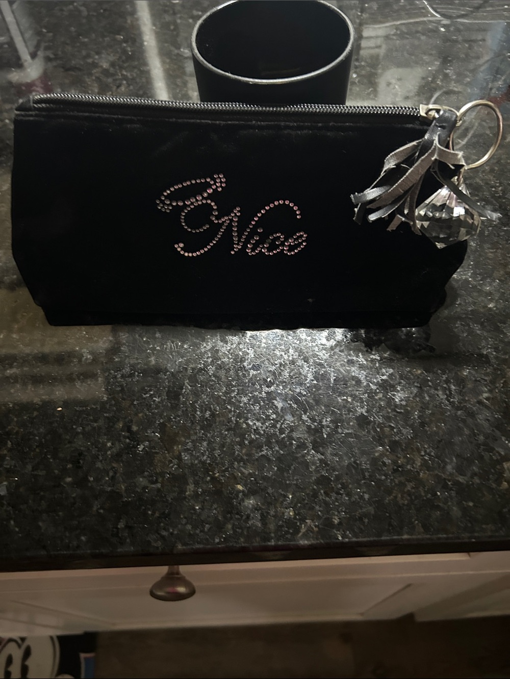 Black 'Nice' Crystal Accent Wristlet Pouch